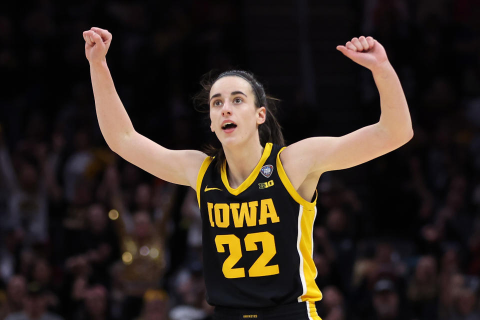 CLEVELAND, OHIO - APRIL 07: Caitlin Clark #22 of the Iowa Hawkeyes reacts  in the second half during the 2024 NCAA Women's Basketball Tournament National Championship game against the South Carolina Gamecocks at Rocket Mortgage FieldHouse on April 07, 2024 in Cleveland, Ohio. (Photo by Steph Chambers/Getty Images)