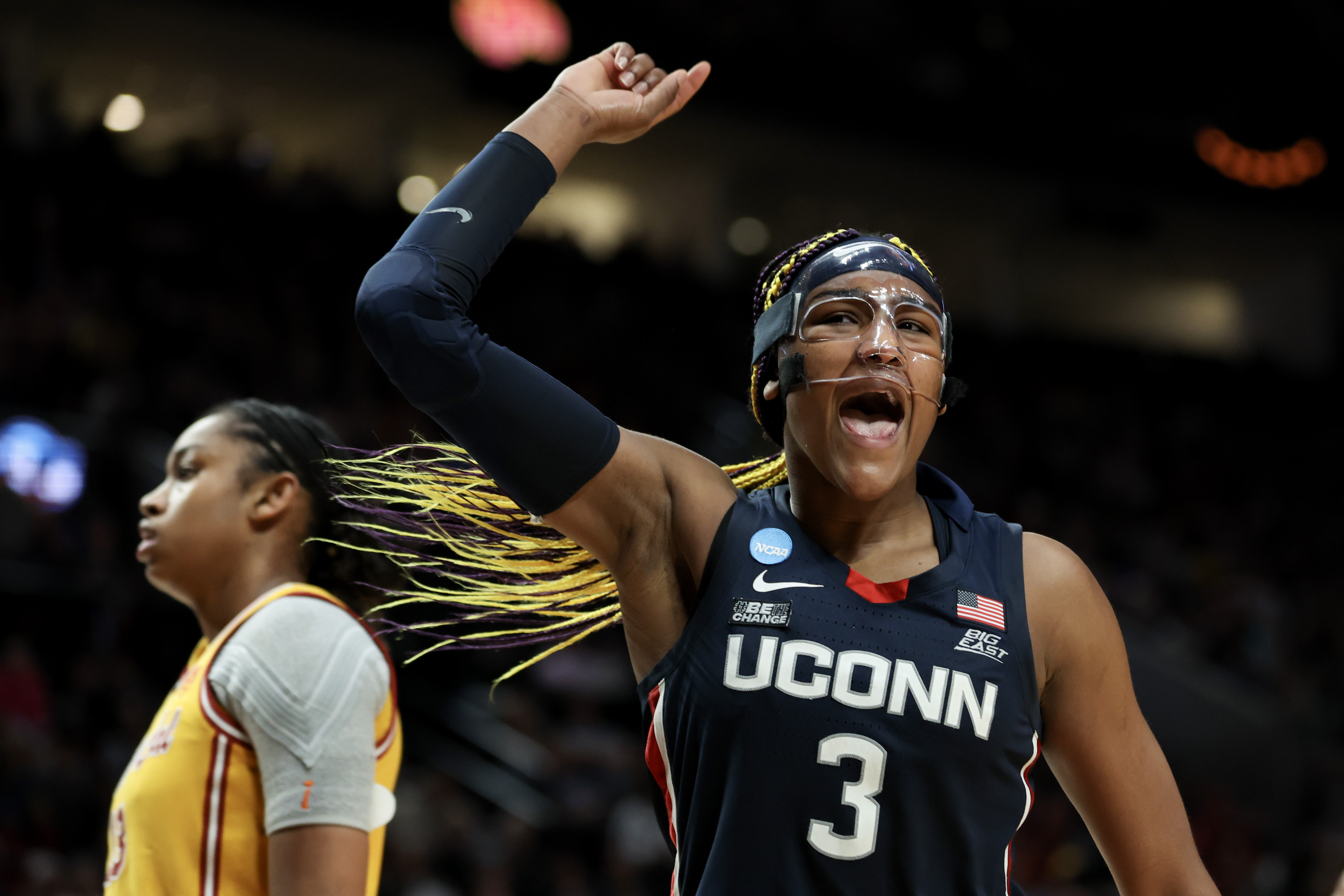 Aaliyah Edwards, #3 of the UConn Huskies, during the game against the USC Trojans in the Elite 8 round of the NCAA Women’s Basketball Tournament on April 1, 2024 in Portland, Oregon