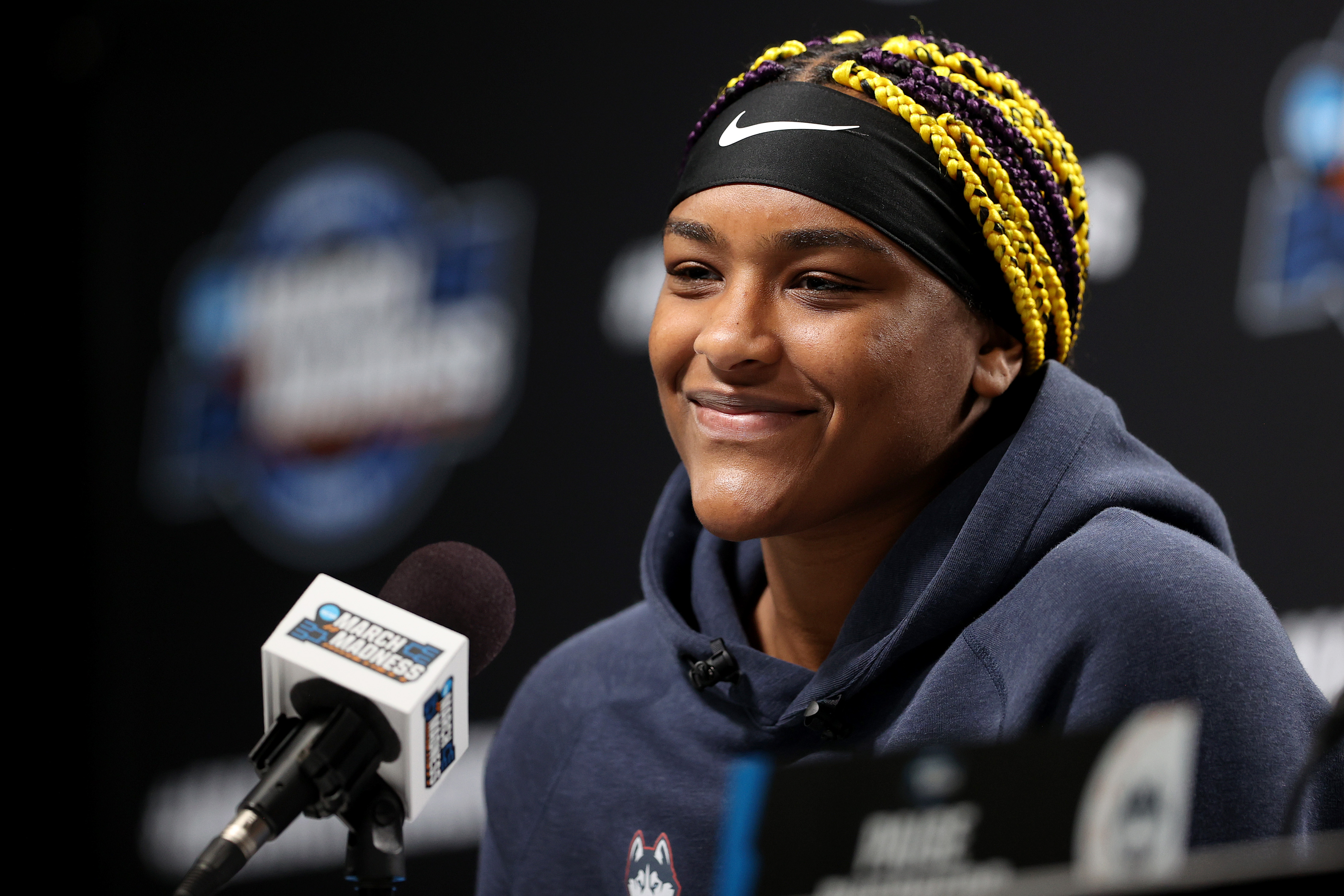 Aaliyah Edwards during a press conference before the Sweet Sixteen and Elite Eight rounds of the NCAA Women’s Basketball Tournament on March 29, 2024, in Portland, Oregon