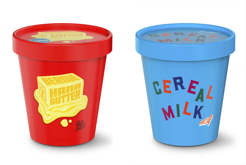 Two colorful ice cream containers with creative flavors: red labeled 