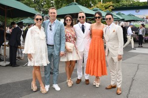 LONDON, ENGLAND - JULY 09: (L-R) Annie Verret, Jordan Spieth,  Jillian Wisniewski, Justin Thomas, Allison Stokke and Rickie Fowler attend day seven of the Wimbledon Tennis Championships at the All England Lawn Tennis and Croquet Club on July 09, 2023 in London, England. (Photo by Karwai Tang/WireImage)