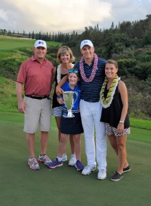 KAPALUA, MAUI, HI - JANUARY 10: Jordan Spieth poses on the 18th green with his mom Chris, father Shawn, sister Ellie and girlfriend Annie Verret after winning the final round of the Hyundai Tournament of Champions at Plantation Course at Kapalua on January 10, 2016 in Kapalua, Maui, Hawaii. (Photo by Stan Badz/PGA TOUR)