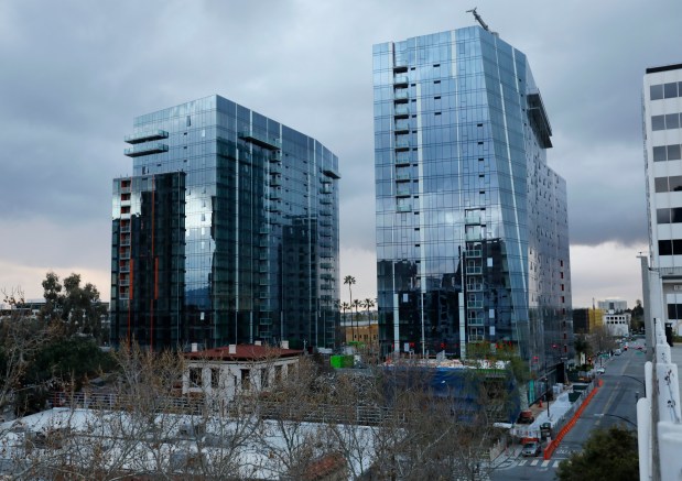 SAN JOSE, CALIFORNIA - MARCH 24: 188 West St. James residential towers near San Pedro Square in downtown San Jose, Calif., on Tuesday, March 24, 2020. (Nhat V. Meyer/Bay Area News Group)