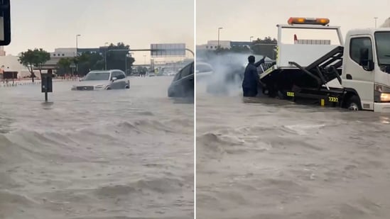 The image, taken from a video shared by Anand Mahindra, shows waterlogged roads in Dubai. (X/@chatwithcharles)