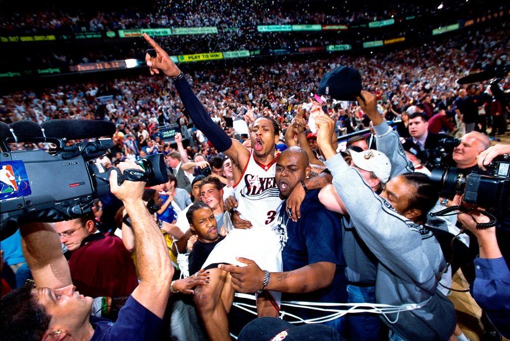 Allen Iverson #3 of the Philadelphia 76ers celebrates against the Milwaukee Bucks in Game seven of the 2001 Eastern Conference Finals on June 3, 2001 at the First Union Center in Philadelphia, Pennsylvania. 