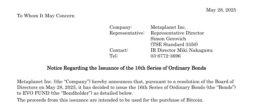 Metaplanet issues 50M in zero interest bonds to boost Bitcoin holdings