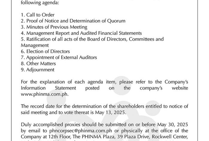 PHINMA Corp. to hold Annual Stockholders’ Meeting on June 5 via remote communication 1 PHINMA Corp to hold Annual Stockholders Meeting on June 5