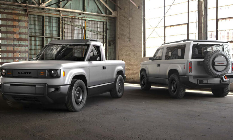 Slate’s $20K Electric Pickup Hits 100,000 Reservations in Just Two Weeks : Automotive Addicts 1 slate truck and suv exterior in a warehouse